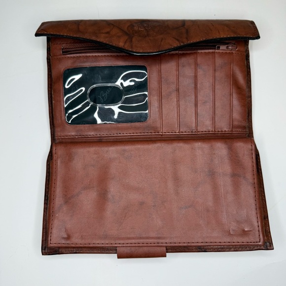 Buxton Floral‎ Embossed Top Grain Cowhide Marbled Brown Trifold Leather Wallet - Picture 3 of 7